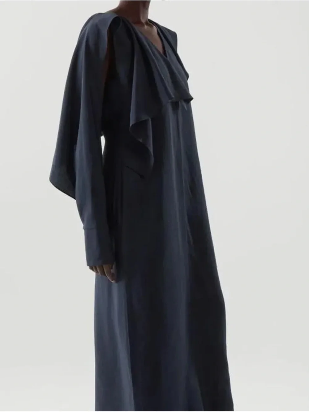 COS Navy Blue Asymmetrical Maxi Dress with Draped Shoulder 8 US